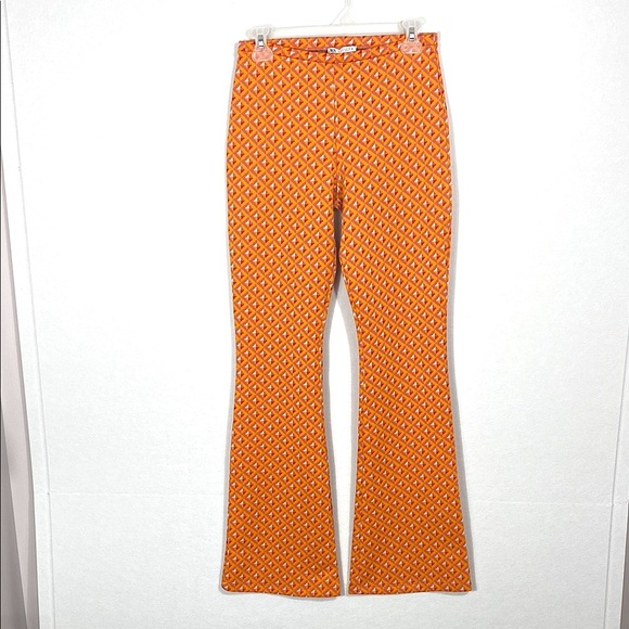 Zara Retro Mod Geometric Y2K style Orange Flare Pants size Medium - Picture 2 of 12